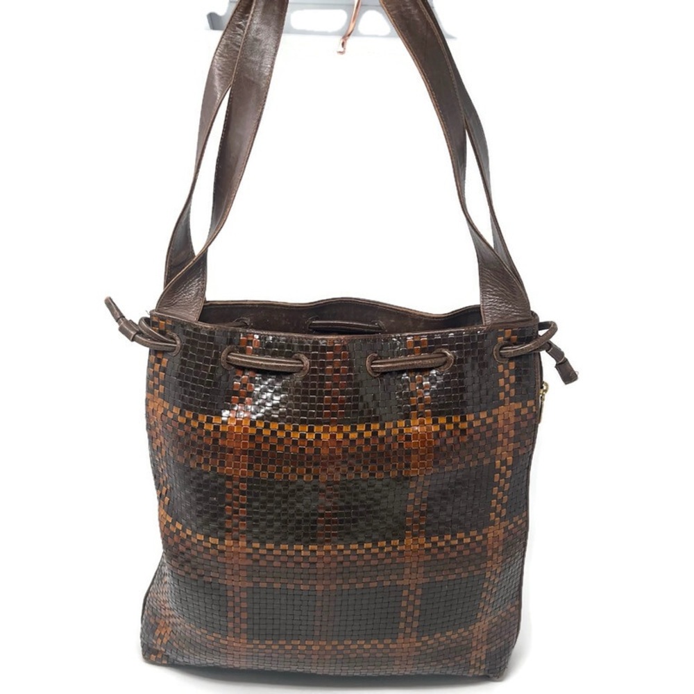 Vintage CEM Woven Leather Shoulder Bag | Brown Check | Boho Artisan Tote - Picture 2 of 13
